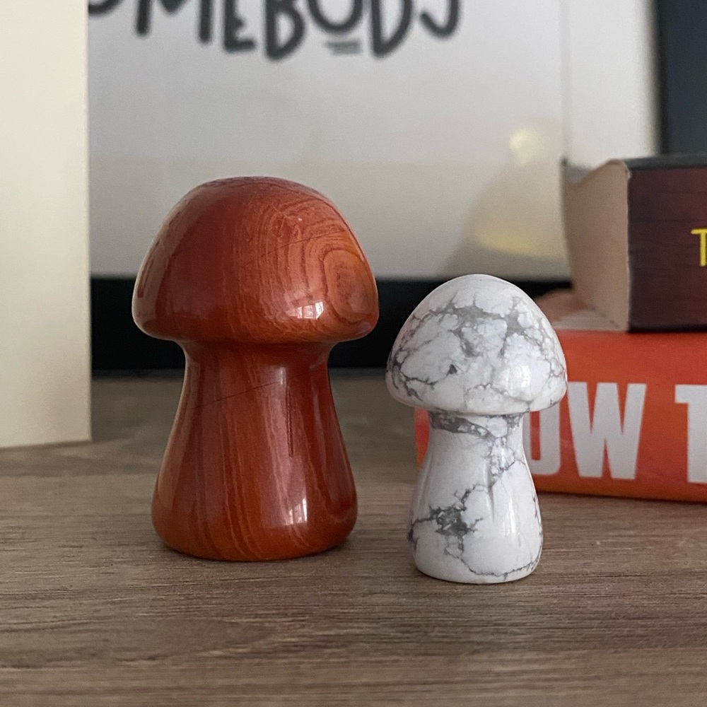 HAND CARVED Genuine Red Jasper & Howlite Figural Mushrooms